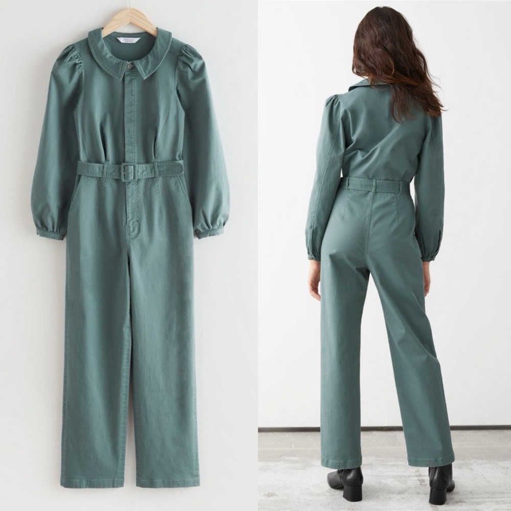& Other Stories Green Belted Long-Sleeve Cotton Jumpsuit - Picture 3 of 7
